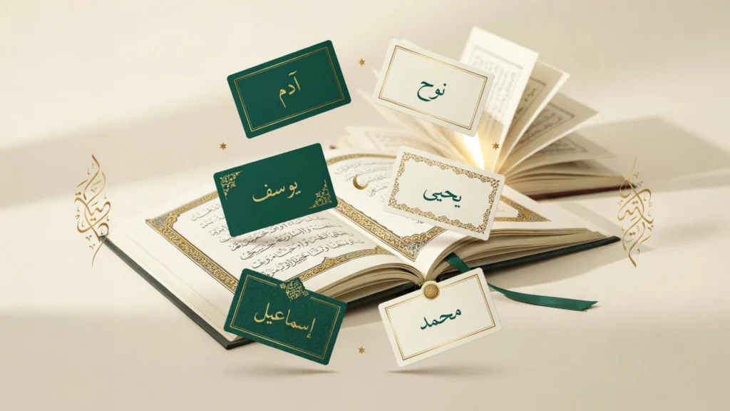  طفل صغير يجلس أمام المصحف الشريف لقراءة القرآن واختيار  أسماء أولاد من القرآن.