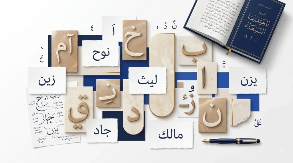 تصميم جرافيكي تحريري راقٍ يعرض مجموعة من أسماء أولاد قصيرة المكونة من 3 و4 أحرف مكتوبة على بطاقات ومكعبات رخامية مع قاموس عربي وقلم حبر فاخر.