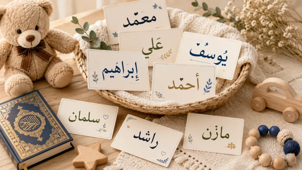 سلة قشية تحتوي على بطاقات مكتوب عليها أسماء أولاد إسلامية مثل محمد وأحمد ويوسف بجانب مصحف ودب لعبة.