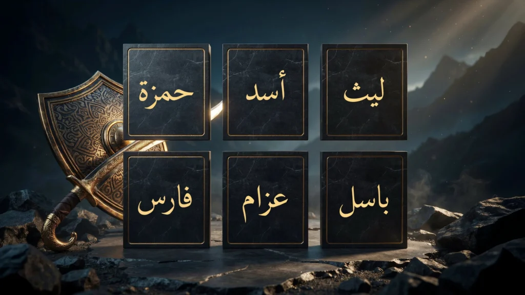 ست لوحات سوداء فاخرة بإطارات ذهبية منقوشة بأسماء عربية قوية (حمزة، أسد، ليث، فارس، عزام، باسل)، بجوار سيف ودرع قديمين على أرضية صخرية، تعبر عن أسماء أولاد تدل على القوة والشجاعة.