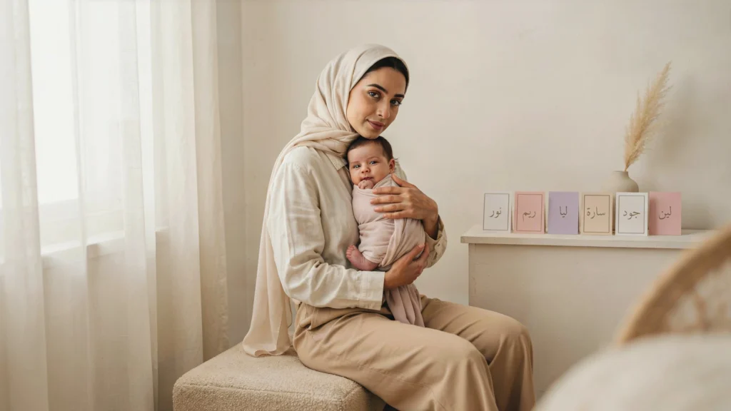 أم تحمل طفلتها الرضيعة بجانب بطاقات ملونة مكتوب عليها أسماء بنات قصيرة وسهلة.