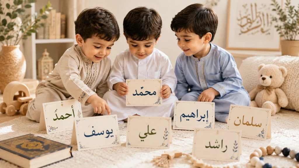 ثلاثة أطفال يرتدون زيًا تقليديًا يلعبون ويختارون من بطاقات مكتوب عليها أسماء أولاد مثل إبراهيم وسلمان وعلى.