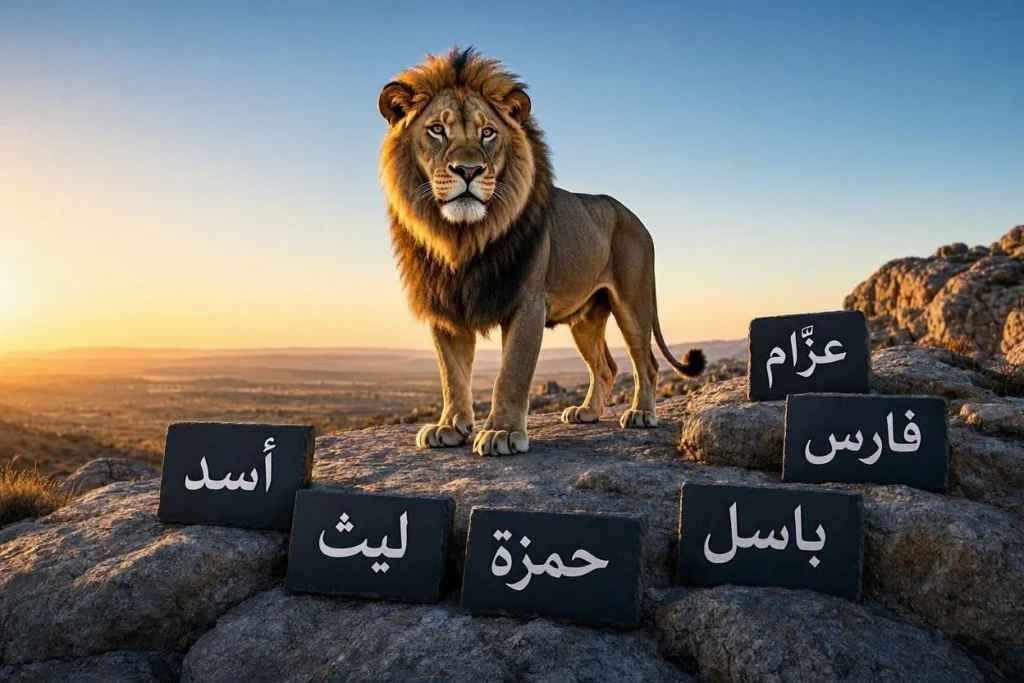 أسد مهيب يقف بثقة على تلة صخرية وقت الغروب، وتحيط به ألواح حجرية سوداء منقوشة بأسماء (أسد، ليث، حمزة، باسل، فارس، عزام)، وهي أسماء أولاد تدل على القوة والشجاعة.